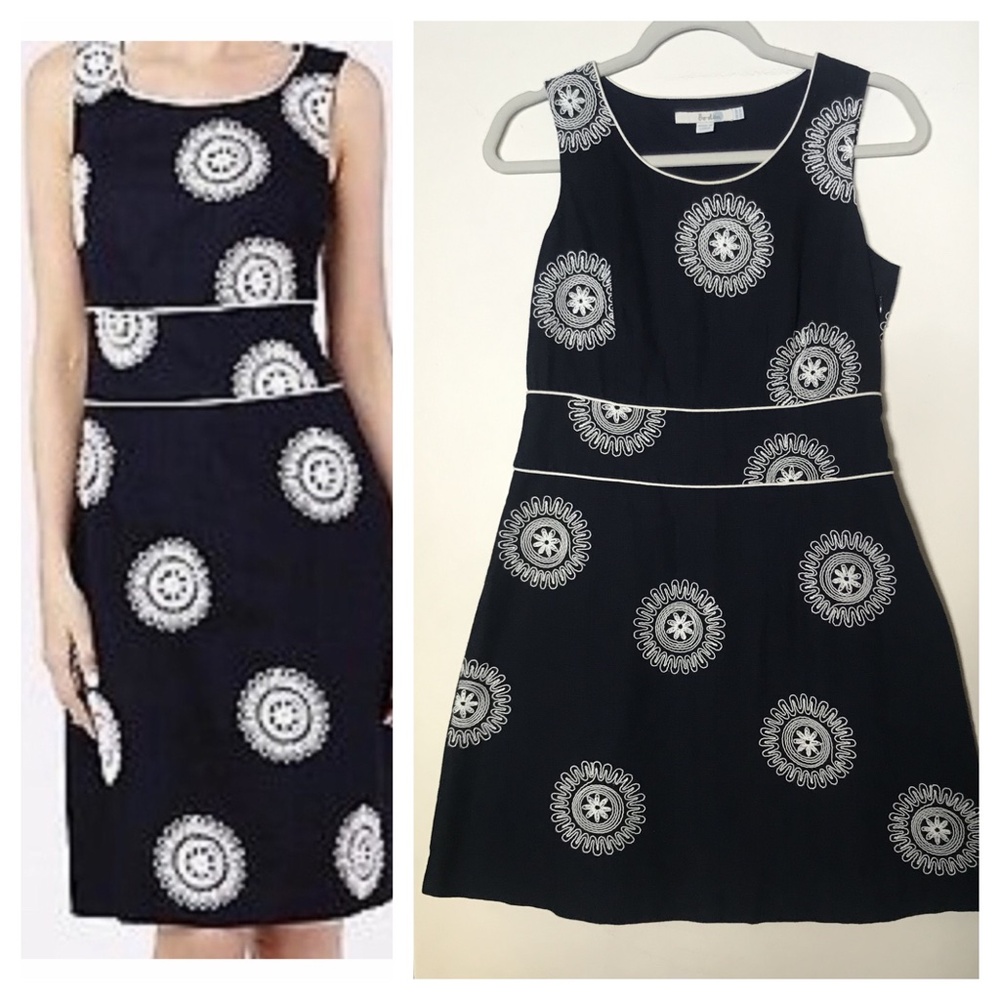 Boden Dress shift 6P petite embroidered sleeveless floral navy blue cotton twee